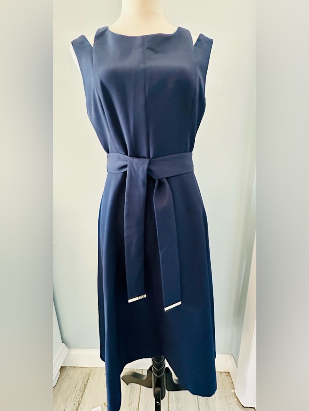 DKNY Navy Sleeveless Midi Dress with Self-Tie Belt